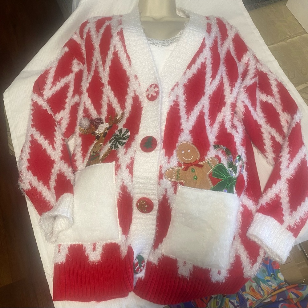 Holiday Time Medium Red Christmas Cardigan Sweater Candy Cane